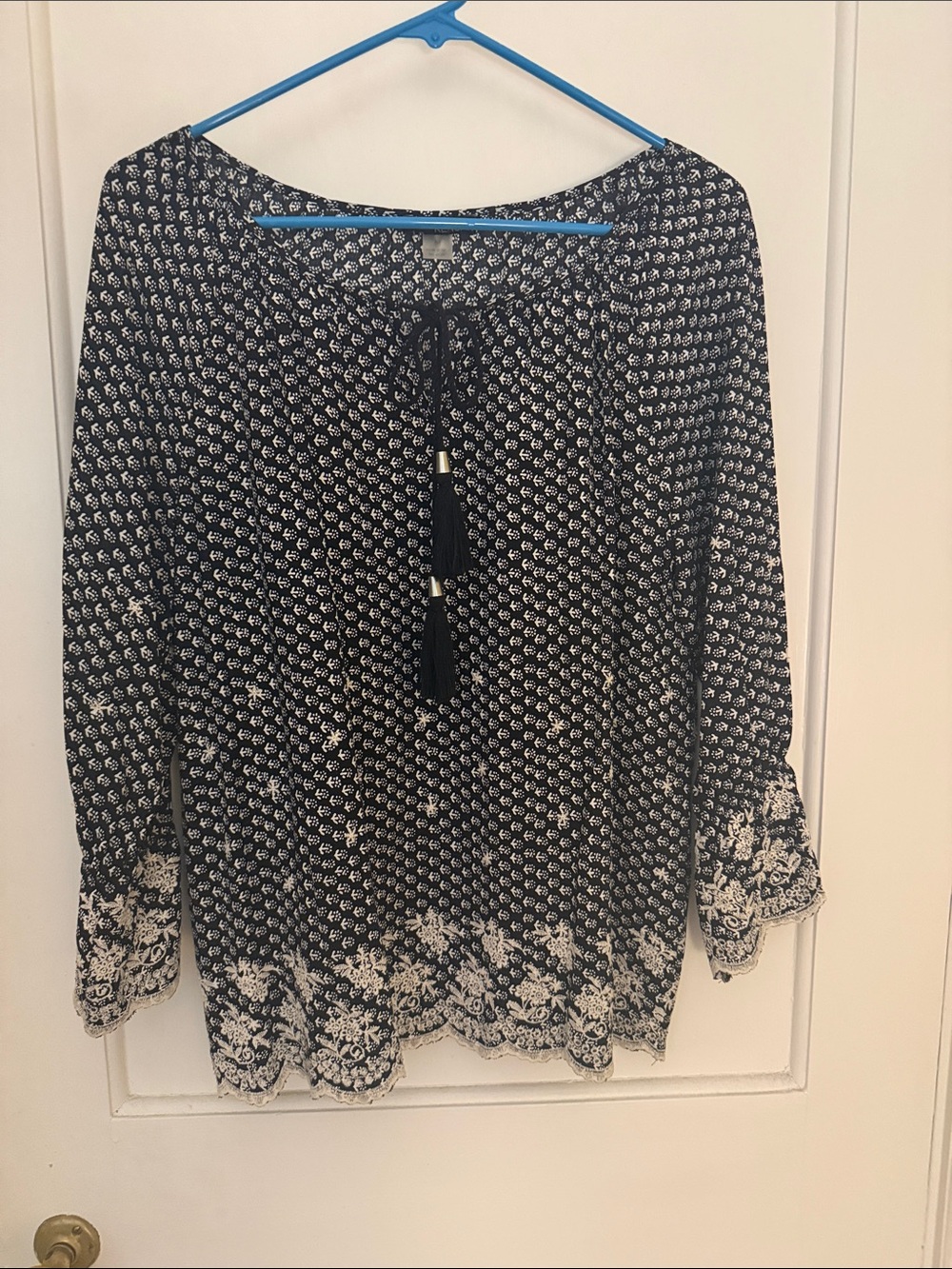 Renuar Black and White Printed Blouse with Tie